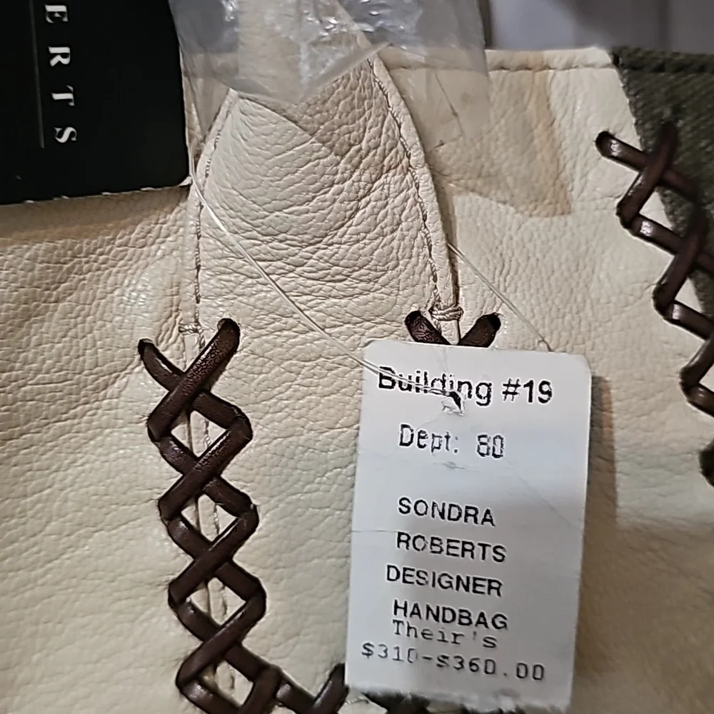 Sondra Roberts Cream/Olive Vegan Leather and Canvas Stitch Bag NWT - Picture 6 of 13